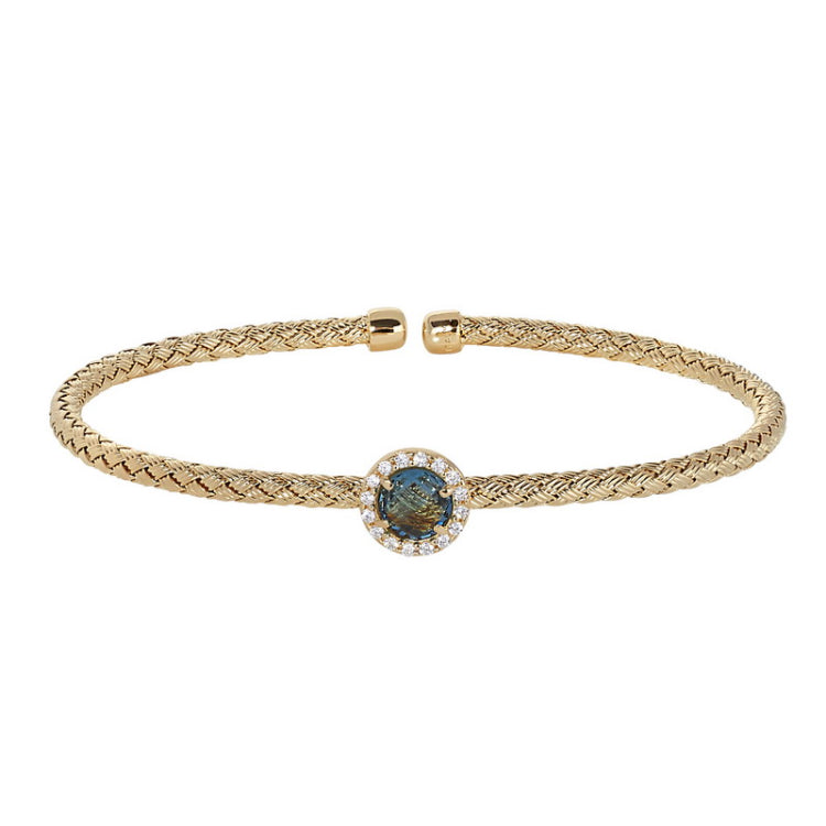 Gold Finish Sterling Silver Basketweave Cable Cuff  Bracelet with a Round Blue Stone and Simulated Diamonds