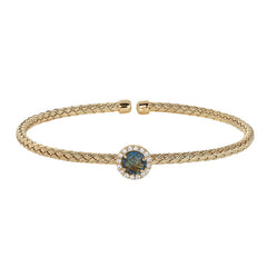 Gold Finish Sterling Silver Basketweave Cable Cuff  Bracelet with a Round Blue Stone and Simulated Diamonds