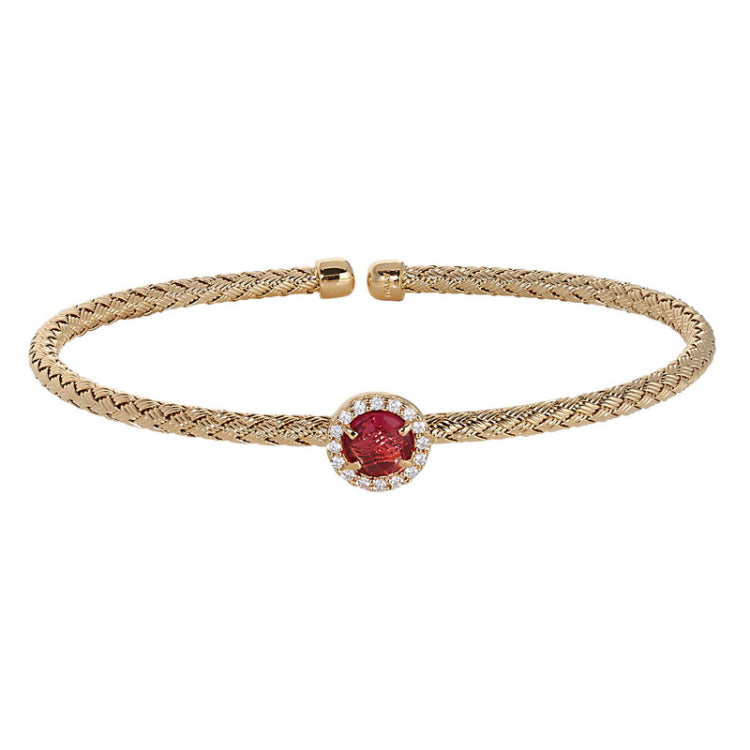 Gold Finish Sterling Silver Basketweave Cable Cuff  Bracelet with a Round Pink Stone and Simulated Diamonds