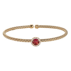 Gold Finish Sterling Silver Basketweave Cable Cuff  Bracelet with a Round Pink Stone and Simulated Diamonds