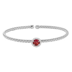Rhodium Finish Sterling Silver Basketweave Cable Cuff  Bracelet with a Round Pink Stone and Simulated Diamonds