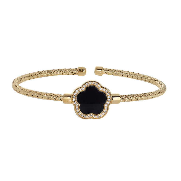 Gold Finish Sterling Silver Basketweave Cable Cuff  Bracelet with a Flower Shaped Onyx Stone and Simulated Diamonds