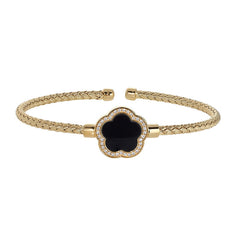 Gold Finish Sterling Silver Basketweave Cable Cuff  Bracelet with a Flower Shaped Onyx Stone and Simulated Diamonds