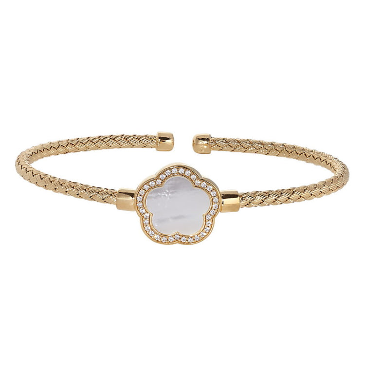 Gold Finish Sterling Silver Basketweave Cable Cuff  Bracelet with a Flower Shaped MOP Stone and Simulated Diamonds