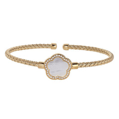Gold Finish Sterling Silver Basketweave Cable Cuff  Bracelet with a Flower Shaped MOP Stone and Simulated Diamonds