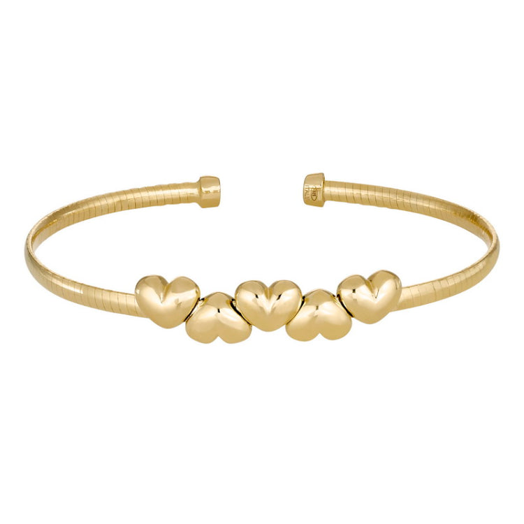 Gold Finish Sterling Silver Omega Cable Cuff  Bracelet with 5 Connecting Hearts