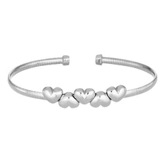 Rhodium Finish Sterling Silver Omega Cable Cuff  Bracelet 5 Connecting Hearts