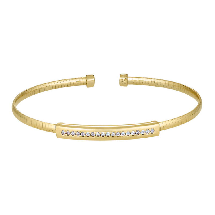 Gold Finish Sterling Silver Omega Cable Cuff  Bracelet with a Central Polished Rectangular Bar With Simulated Diamonds