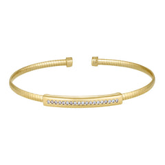 Gold Finish Sterling Silver Omega Cable Cuff  Bracelet with a Central Polished Rectangular Bar With Simulated Diamonds