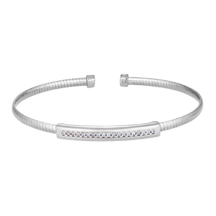 Rhodium Finish Sterling Silver Omega Cable Cuff  Bracelet with a Central Polished Rectangular Bar With Simulated Diamonds