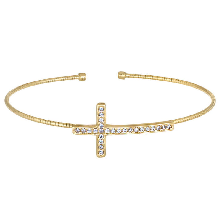 Gold Finish Sterling Silver Omega Cross Cable Cuff Bracelet With Channel Set Simulated Diamonds