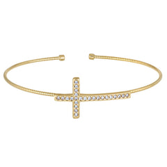 Gold Finish Sterling Silver Omega Cross Cable Cuff Bracelet With Channel Set Simulated Diamonds