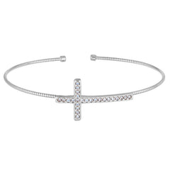Rhoduim Finish Sterling Silver Omega Cable Cross Bracelet With Channel Set Simulated Diamonds