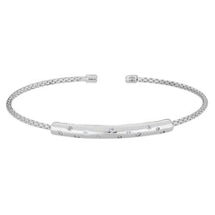 Rhodium Finish Sterling Silver Box Link Cuff  Bracelet with A Central Polished Bar With Floating Simulated Diamonds