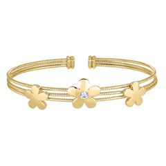 Gold Finish Sterling Silver 3 Omega Cuff  Bracelet with Flowers and a Central Simulated Diamond