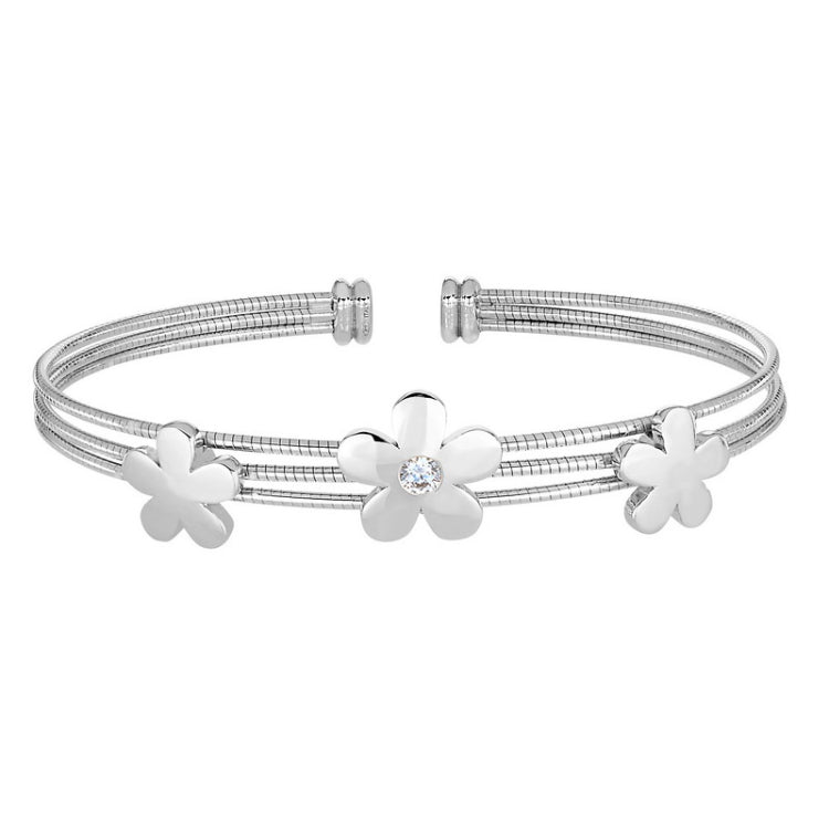 Rhodium Finish Sterling Silver 3 Omega Cuff  Bracelet with Flowers and a Central Simulated Diamond