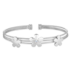 Rhodium Finish Sterling Silver 3 Omega Cuff  Bracelet with Flowers and a Central Simulated Diamond