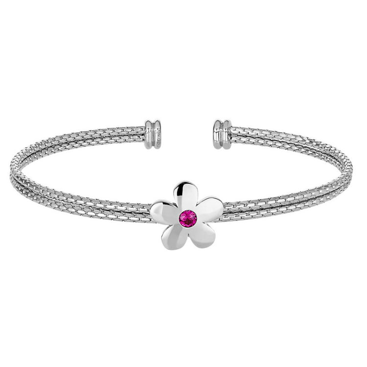 Rhodium Finish Sterling Silver 2 Corean Cable Cuff  Bracelet with a Central Flower with a Pink Simulated Stone