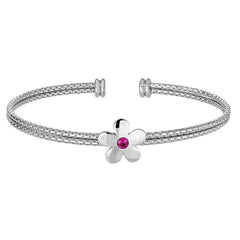 Rhodium Finish Sterling Silver 2 Corean Cable Cuff  Bracelet with a Central Flower with a Pink Simulated Stone