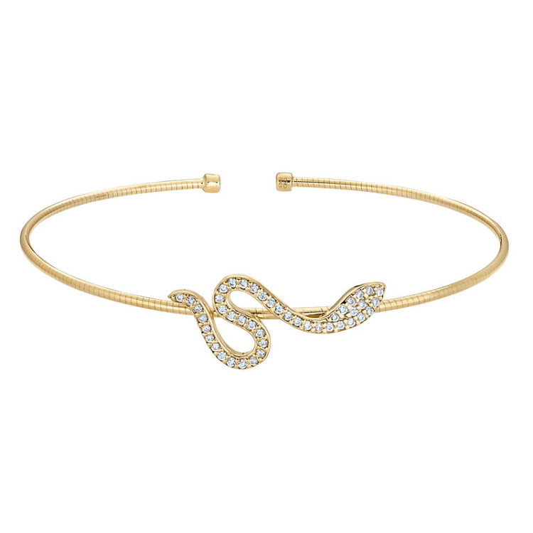 Gold Finish Sterling Silver Omega Cable Cuff Snake Bracelet with Channel Set Simulated Diamonds