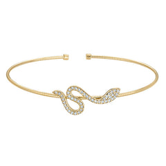 Gold Finish Sterling Silver Omega Cable Cuff Snake Bracelet with Channel Set Simulated Diamonds
