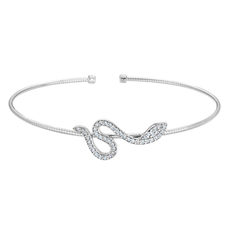 Rhodium Finish Sterling Silver Omega Cable Cuff Snake Bracelet with Channel Set Simulated Diamonds