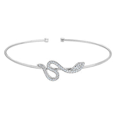 Rhodium Finish Sterling Silver Omega Cable Cuff Snake Bracelet with Channel Set Simulated Diamonds