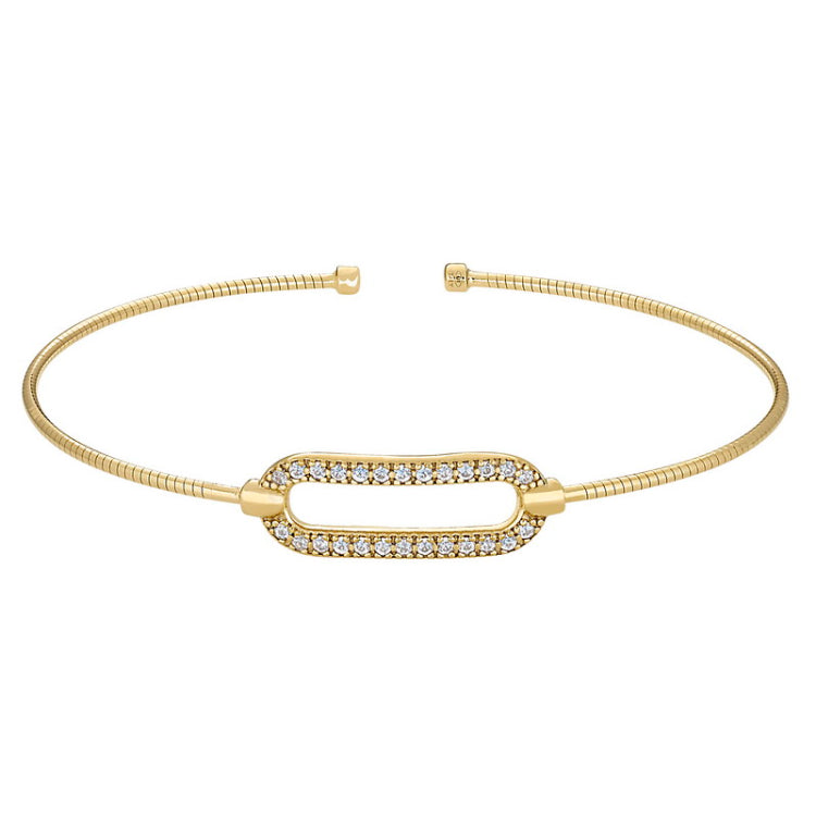 Gold Finish Sterling Silver Omega Cable Cuff  Bracelet with Open Oval and Simulated Diamonds