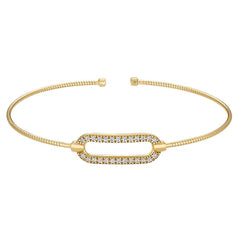 Gold Finish Sterling Silver Omega Cable Cuff  Bracelet with Open Oval and Simulated Diamonds