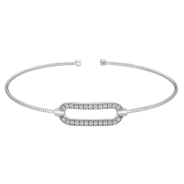 Rhodium Finish Sterling Silver Omega Cable Cuff  Bracelet with Open Oval and Simulated Diamonds