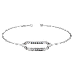 Rhodium Finish Sterling Silver Omega Cable Cuff  Bracelet with Open Oval and Simulated Diamonds