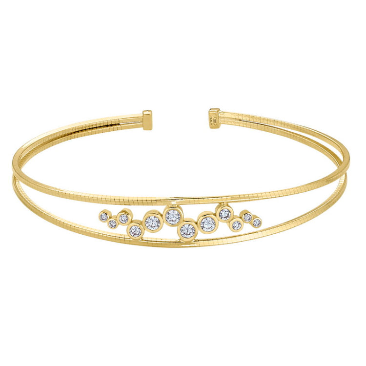 Gold Finish Sterling Silver Omega Two Cable Cuff  Bracelet with Bubble Pattern Simulated Diamonds