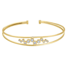 Gold Finish Sterling Silver Omega Two Cable Cuff  Bracelet with Bubble Pattern Simulated Diamonds