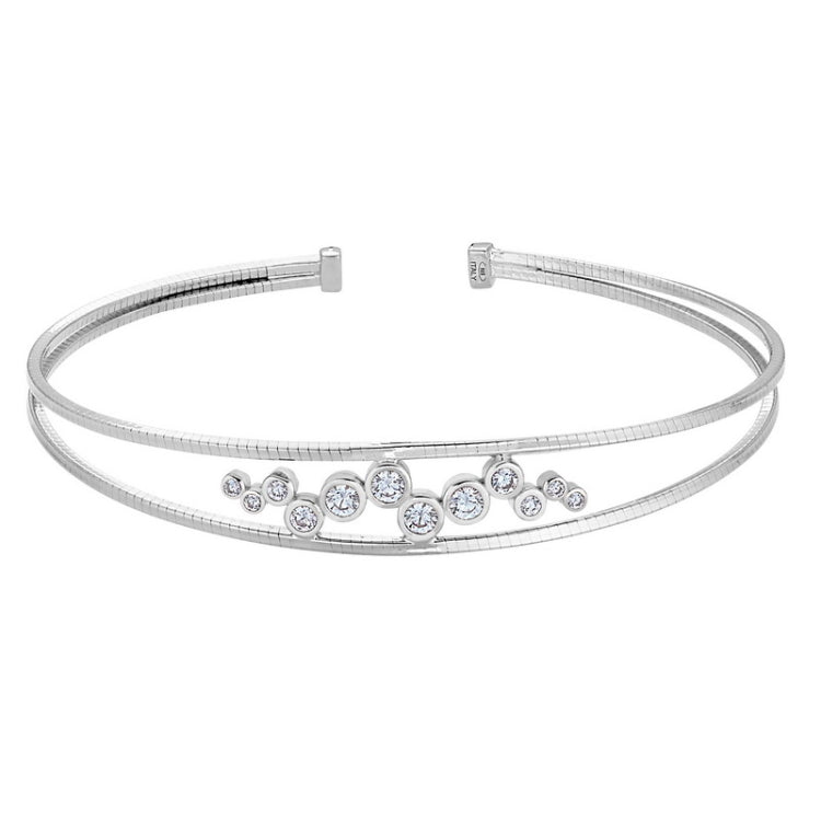 Rhodium Finish Sterling Silver Omega Two Cable Cuff  Bracelet with Bubble Pattern Simulated Diamonds