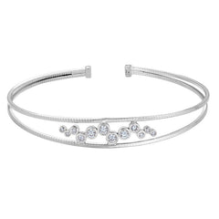 Rhodium Finish Sterling Silver Omega Two Cable Cuff  Bracelet with Bubble Pattern Simulated Diamonds