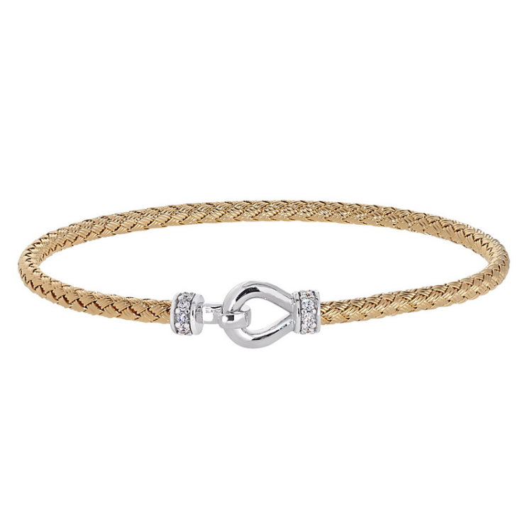 Gold Finish Sterling Silver Basketweave Cable Cuff  Bracelet  on Both Ends and a Rhodium Finish Cen