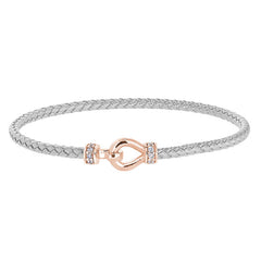 Rhodium Finish Sterling Silver Basketweave Cable Cuff  Bracelet  on Both Ends and a Rose Gold Finis