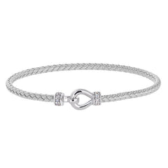 Rhodium Finish Sterling Silver Basketweave Cable Cuff  Bracelet Both Ends and a Rhodium Finish Central Loop and Hook Closure
