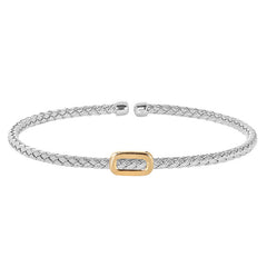Rhodium Finish Sterling Silver Basketweave Cable Cuff  Bracelet With a Gold Finish Polished Open Oval