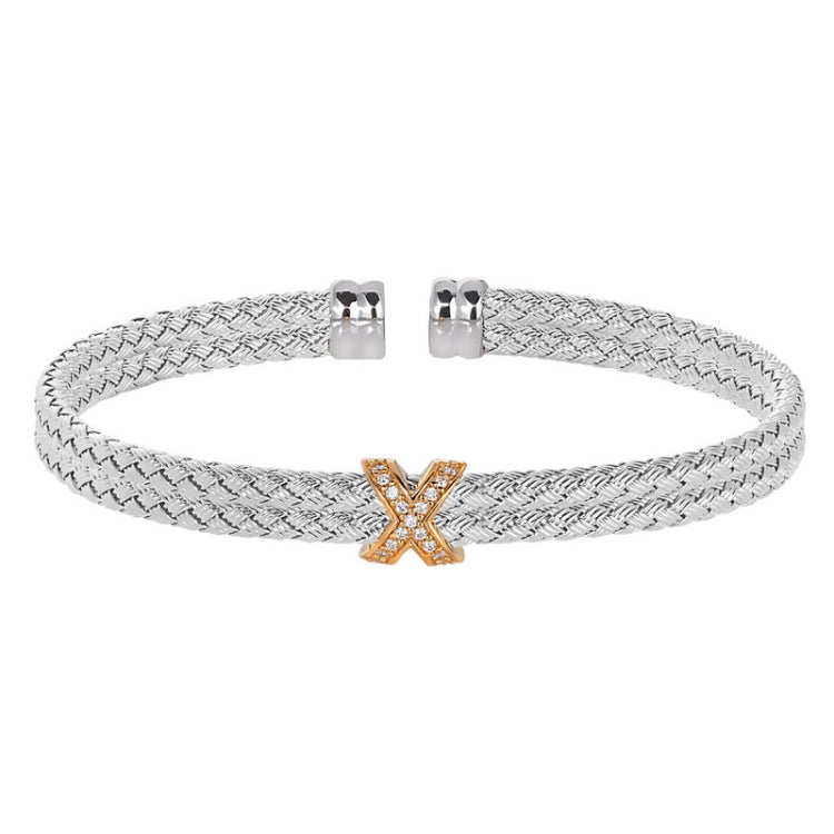 Rhodium Finish Sterling Silver Basketweave Double Cable Cuff  Bracelet With a Gold Finish X with Simulated Diamonds