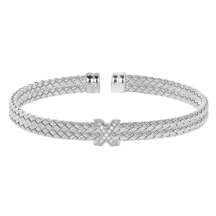 Rhodium Finish Sterling Silver Basketweave Double Cable Cuff  Bracelet With a Rhodium Finish X with Simulated Diamonds