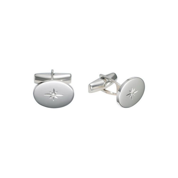 Sterling Silver Oval Cufflinks W/ .08 Cttw Diamonds