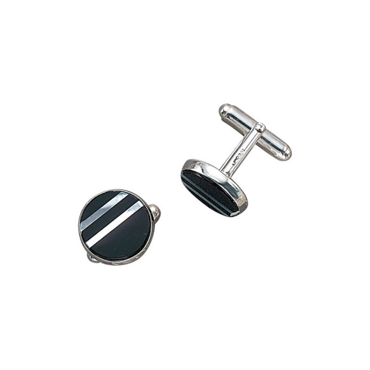 Sterling Silver Round Cufflinks, Onyx W/ MOP Stripe