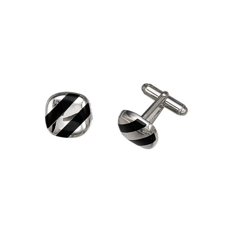 Sterling Silver Cushion Cufflinks W/Diagonal Onyx Stripes