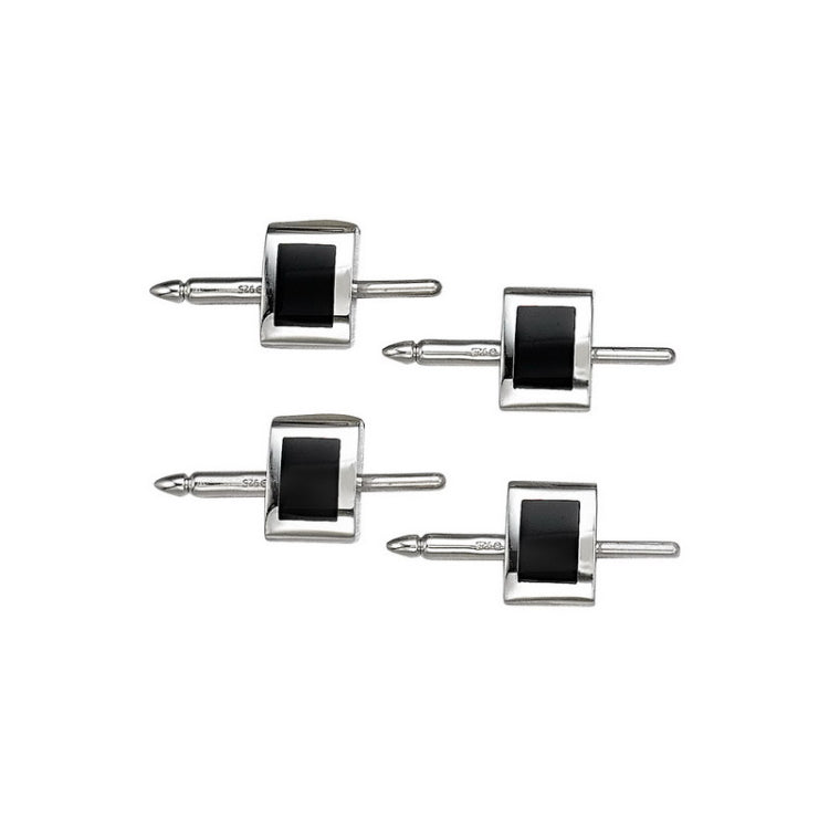 4-pcs Sterling Silver Stud Set W/Onyx Inlay