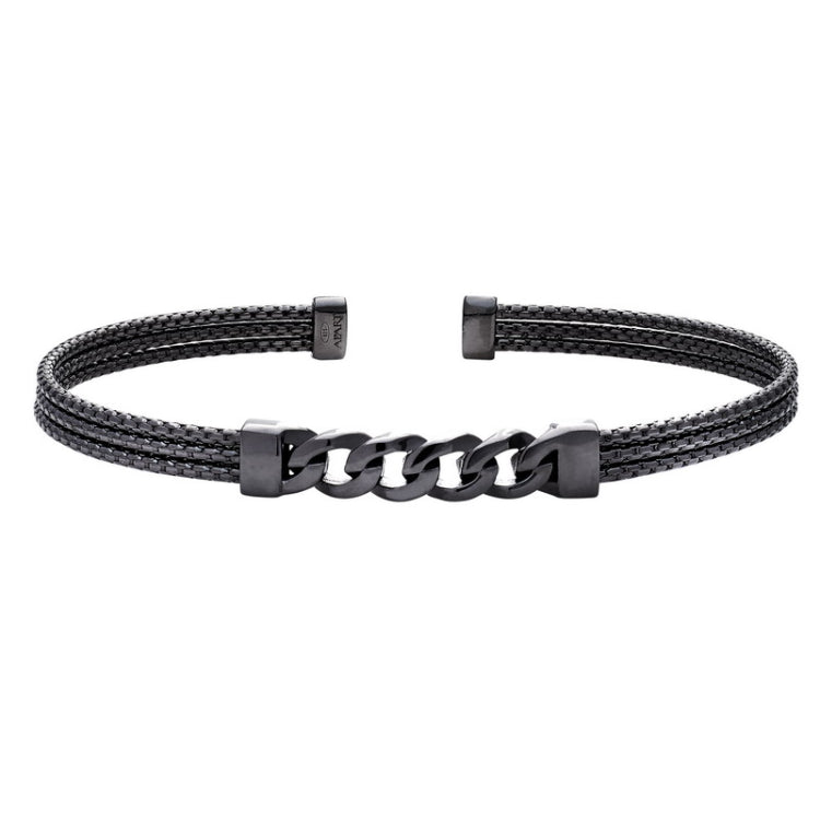 Black Rhodium Finished Sterling Silver 3 Cable Curb Link Cuff Bracelet