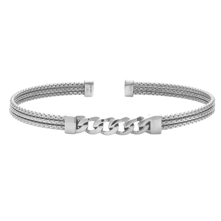 Rhodium Finished Sterling Silver 3 Cable Curb Link Cuff Bracelet