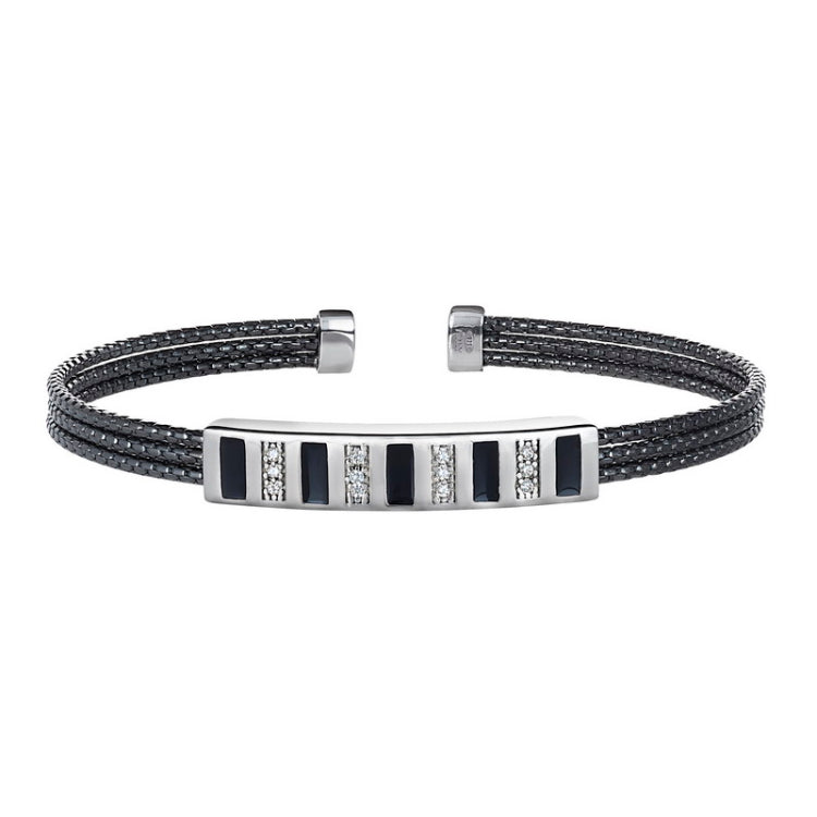 Black Rhodium and Rhodium Finished Sterling Silver Multi Cuff Bracelet with Central Plate with Black and Simulated Diamonds