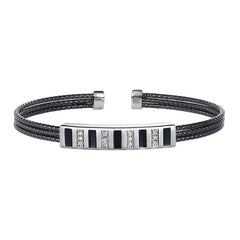 Black Rhodium and Rhodium Finished Sterling Silver Multi Cuff Bracelet with Central Plate with Black and Simulated Diamonds