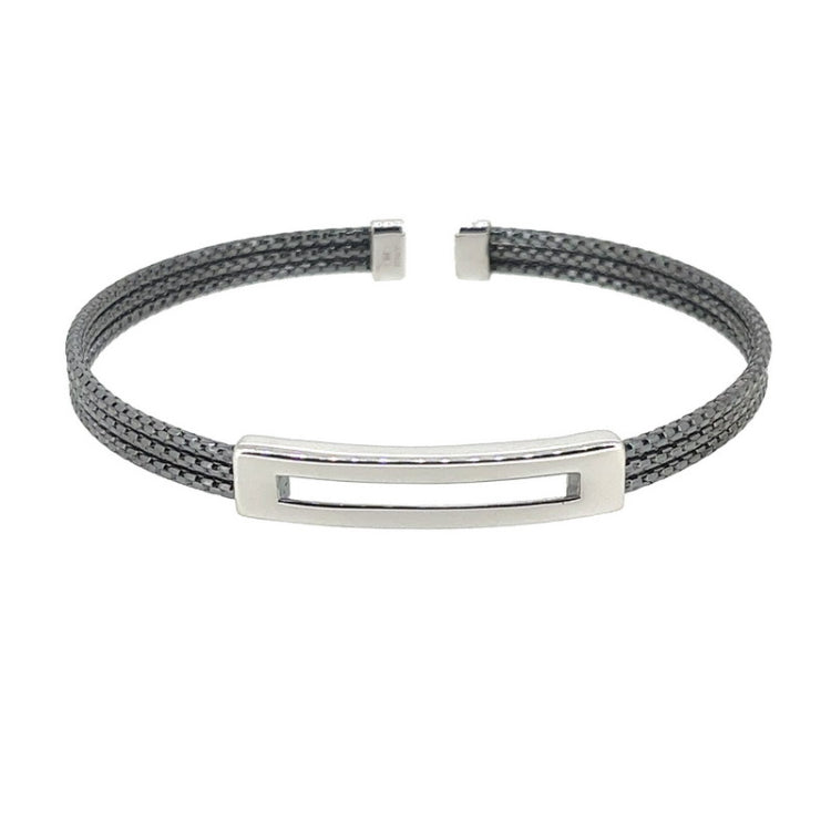 Black Rhodium and Rhodium Finished Sterling Silver Multi Cable Cuff Bracelet with Open Central Plate